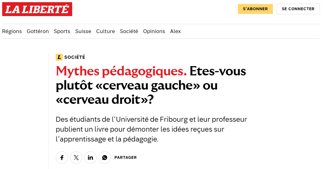 On en parle dans la presse : notre livre « Mythologie pédagogique » dans les pages société du journal La Liberté